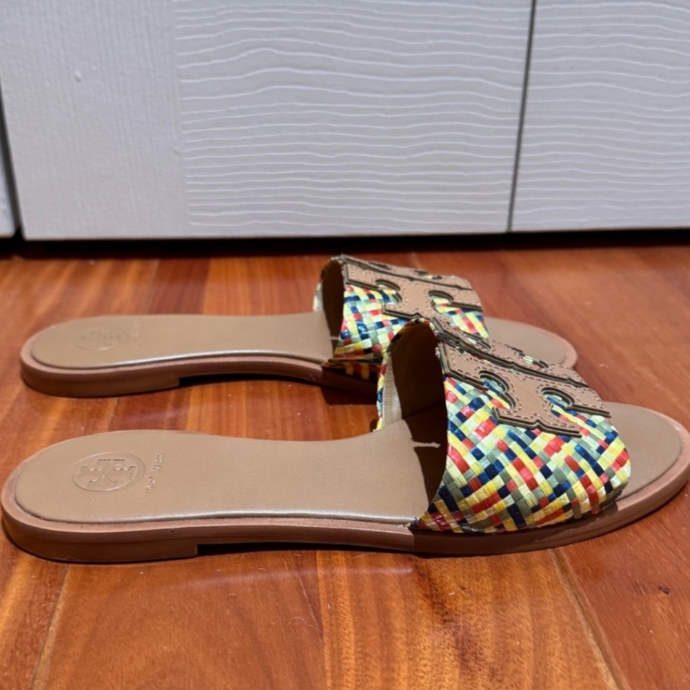 Tory Burch Rafia And Leather Ines Multicolor Slide Sandals 8 - Picture 4 of 9
